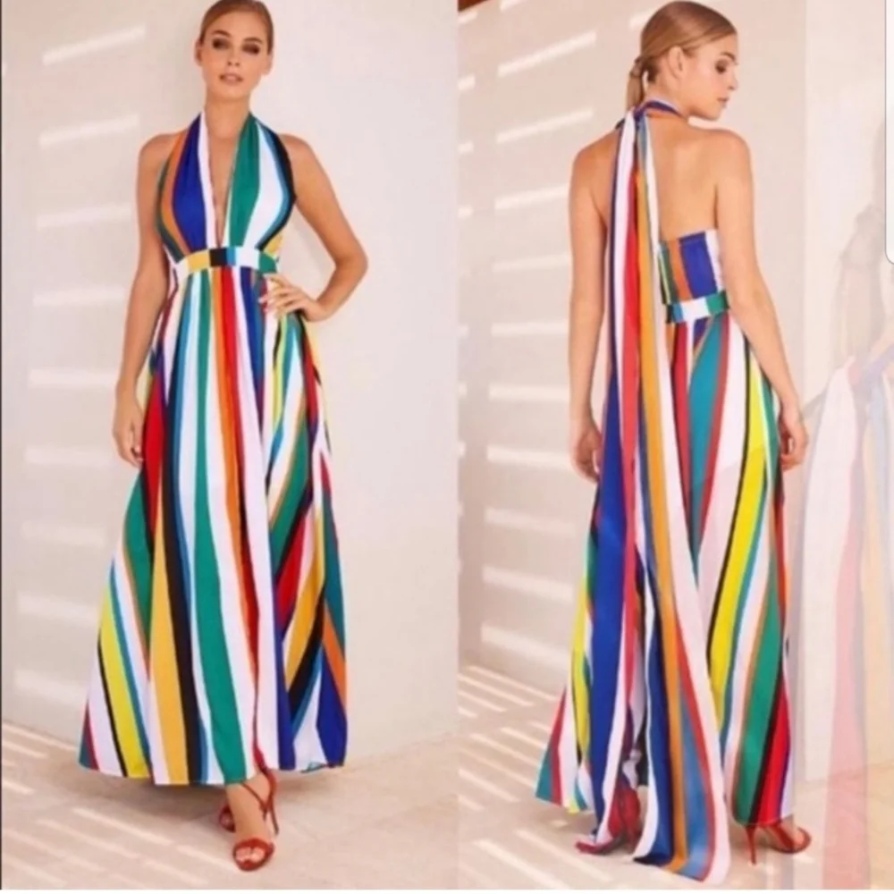 Boston Proper Vertical Backless Striped Halter Top Sleeveless Maxi Dress - Picture 1 of 14